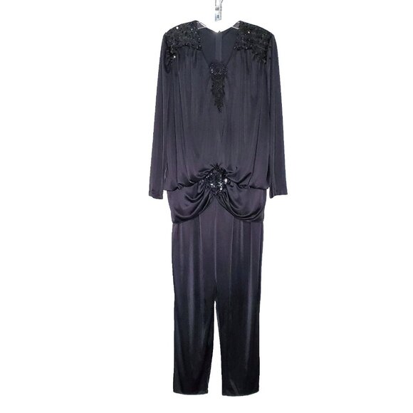 Vintage 1980s Jumpsuit Romper Sz 8 Black Satin Sequins Lace Party Disco - Picture 1 of 5